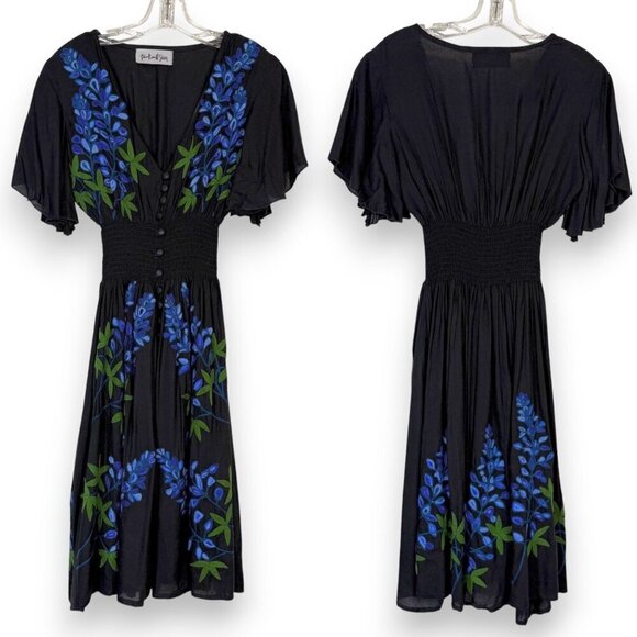 Black Blue Embroidered Dress Button Down Summer Vacation Small - Picture 1 of 13